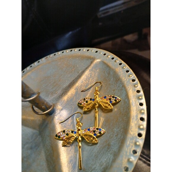 Gold Dragonfly Earrings & Necklace Rhinestones Jewelry Set - Picture 7 of 10